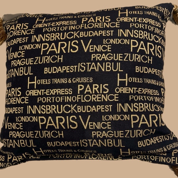 Black and Gold Travel-Themed Pillow - Picture 1 of 3
